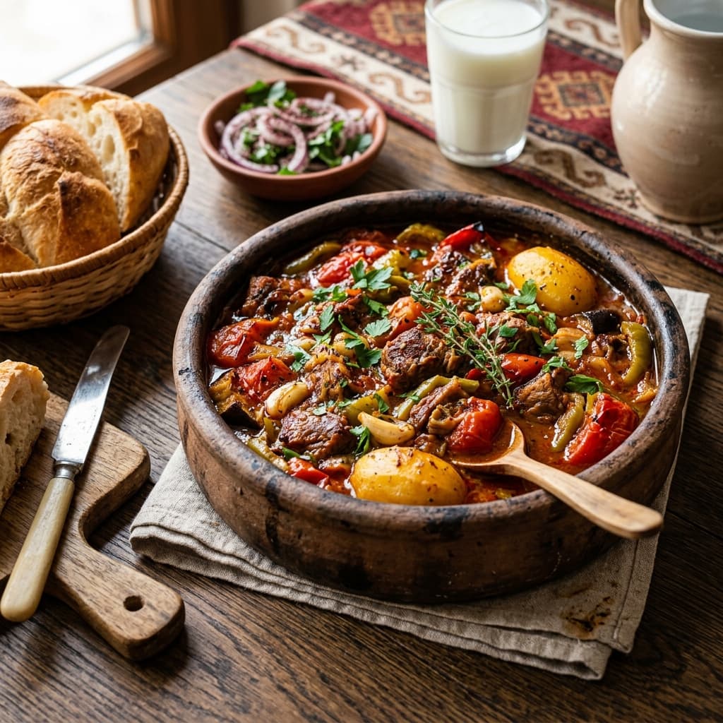 Ağır ateşte kendi suyuyla pişirilmiş, dumanı tüten leziz etli toprak güveç yemeği