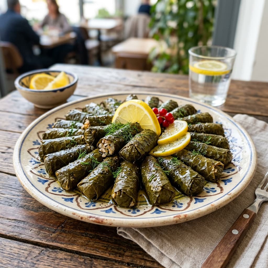 İncecik asma yaprağına sarılmış, limon dilimleriyle sunulan ev usulü zeytinyağlı yaprak sarma